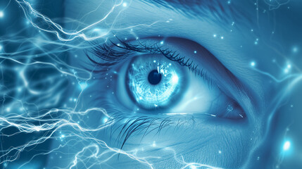 Electric blue eye with dynamic sparks. - obrazy, fototapety, plakaty