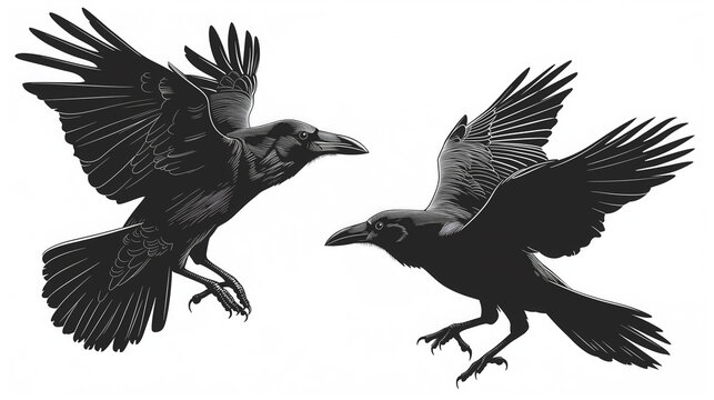 Two crows in flight, silhouetted.