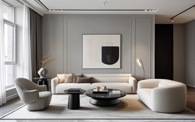 Modern living room  with thin black lines against warm brown tones design.