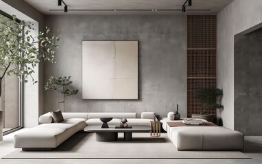 Modern living room  with thin black lines against warm brown tones design.