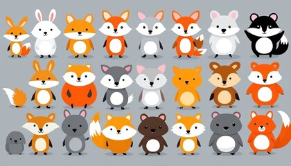 Flat Style Vector of Cute Cartoon Hand Drawn Animals Collection - Graphic Design