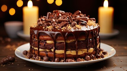 Fototapeta na wymiar Amazing Layered Chocolate Cake with Melted Chocolate and Nuts