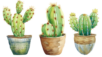 Watercolor cacti in pots, varying in shape and size, with flowers, home gardening, succulents, white background