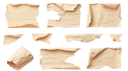 Various sizes of torn white paper pieces on a white background.