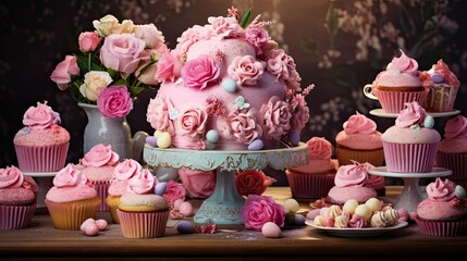 Pink and white cake with roses and cupcakes on a dining table