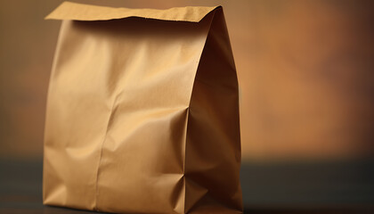 Close up empty clean brown craft paper shopping bag on blurred indoor background with copy space.