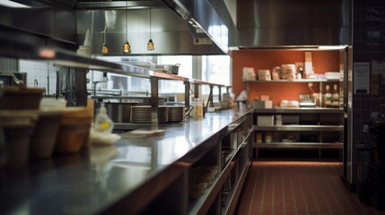 Illustration of professional restaurant or hotel kitchen interior with different utensils and furniture. Indoor background.