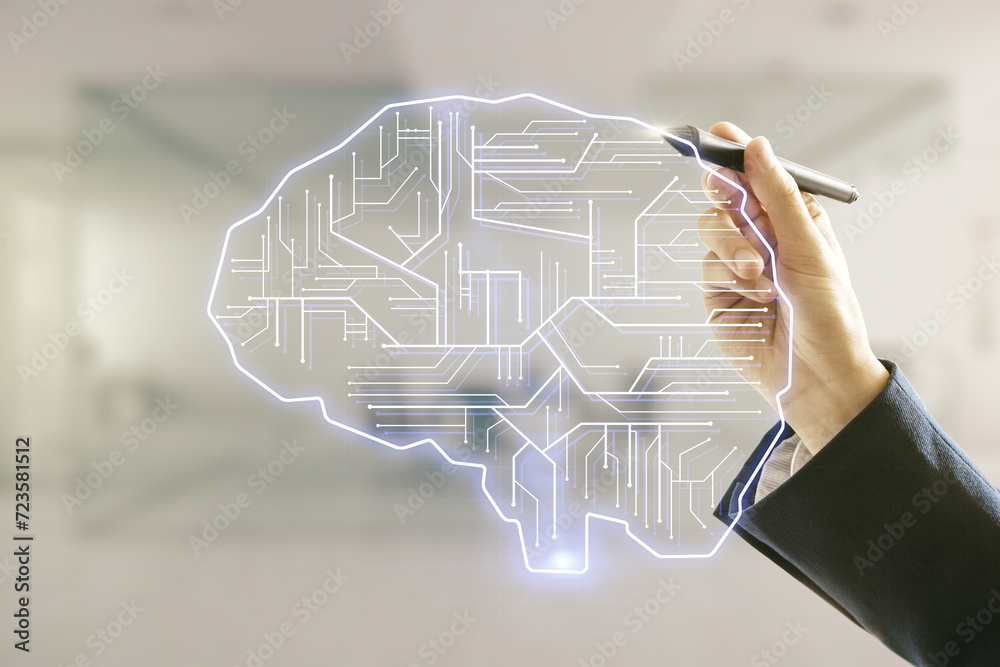 Poster man hand with pen working with virtual creative artificial intelligence hologram with human brain sk
