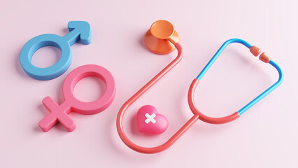 Female male symbol sex gender with stethoscope. pink blue pastel. impotence or sexual dysfunction consult a doctor and disease treatment. married couple or family relationship. 3D Illustration. - obrazy, fototapety, plakaty