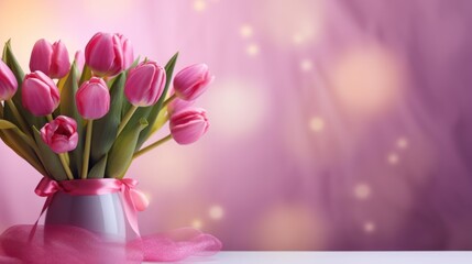 Bouquet of colorful tulips on blurred background.