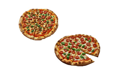 Two pizzas isolated on transparent background, png type, salami, sausage. Collection of pizza.