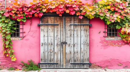 Explore the Charm of an Old Wooden Door in a Rustic European Village, Ivy-Covered Walls, and Colorful Flowers