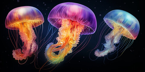 A group of jellyfishes with colorful tentacles, Jellyfish floating in the water,  The jellyfish should be translucent and glowing, with long tentacles trailing behind it