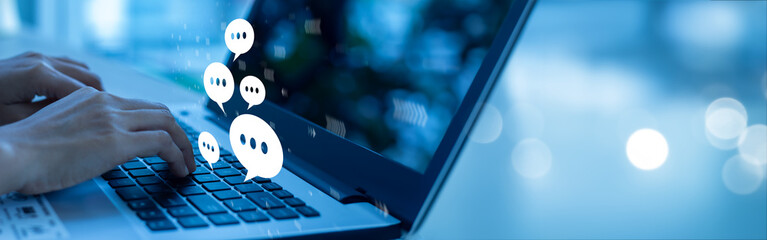 Businesswoman laptop using ,Social, media, Marketing concept.chat, speech, talk, social, media,...