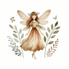 Forest fairy with earthy colors. watercolor illustration. Fairy and Flowers watercolor girls nursery resorce. white background.  © JR BEE