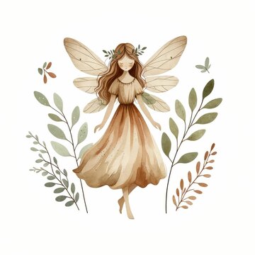 Forest fairy with earthy colors. watercolor illustration. Fairy and Flowers watercolor girls nursery resorce. white background. 