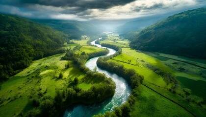 ranquil Waterscapes: Exploring Nature's Beauty with a Meandering River, Rolling Hills, and Vibrant Fauna in a Picturesque Landscape. Generative AI