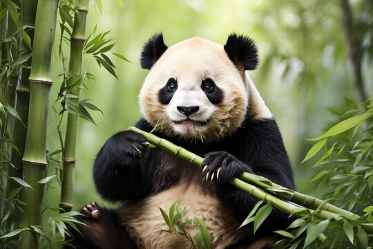 panda eating bamboo with forest background