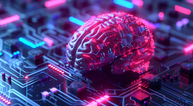 Central Computer Processors and CPU mockup 3d render for quantum computing, data and graphics. Neon, brain and futuristic gpu chip design closeup for online business, microchip and science engineer