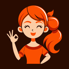 Cute girl with red hair showing OK sign. illustration.