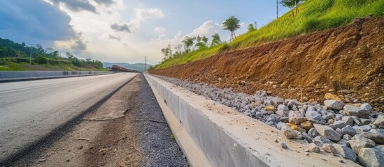 Ugly road indentation at the bridge's entrance. Retaining wall made of concrete blocks, buried diagonally on a sloped surface with soil. Landscaping for steep embankments along tracks and highway.