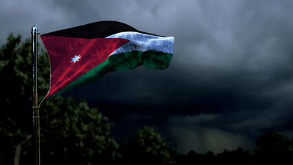 Jordan flag for state holiday on dark storm clouds - abstract 3D rendering