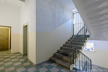 interior public place, house entrance. doors, walls, corridors staircase