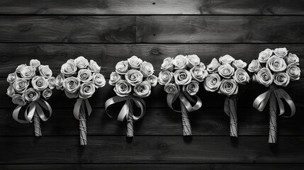 Three elegant white bouquets in vases on a wooden wall