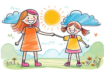 Mother and daughter are having fun walking on a sunny day. Mothers Day. Love, care, fun. Children's drawing style. 