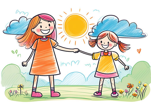 Mother and daughter are having fun walking on a sunny day. Mothers Day. Love, care, fun. Children's drawing style. 