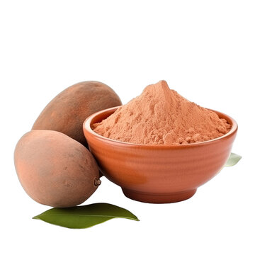 pile of finely dry organic fresh raw mamey powder in wooden bowl png isolated on white background. bright colored of herbal, spice or seasoning recipes clipping path. selective focus