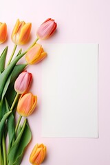 Blank card with tulips and a note - obrazy, fototapety, plakaty