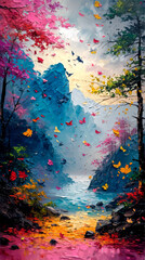 Digital painting of a lake in autumn. Colorful autumn landscape.