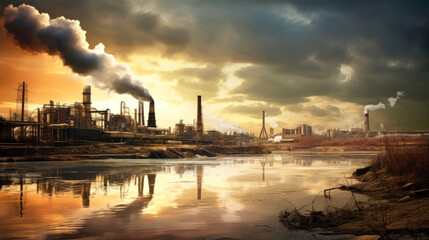 Aerial view of tall chimneys of a coal power plant with black smoke rising up polluting the atmosphere at sunrise.