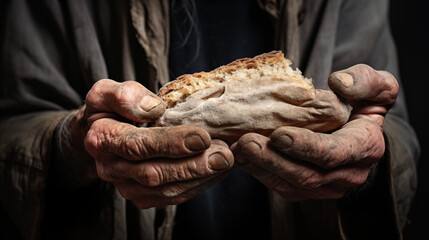 close up of hands of a old man holding bread - Powered by Adobe