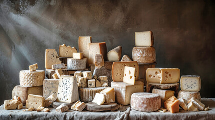 Fototapeta na wymiar Assorted Cheeses on Wooden Cutting Board