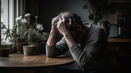 person sitting on a bench A poignant scene capturing a sad, alone man sitting at home, holding his hand on his head