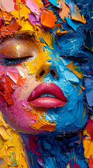 Beautiful young woman faces with multicolored paint on her face.