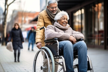 Fototapeta na wymiar Man in Wheelchair Walking With Woman