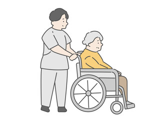 男性看護師と車椅子に乗った高齢女性