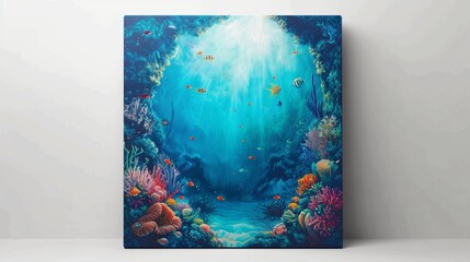 Teal blue square canvas with a high-definition, underwater seascape, complete with coral and fish