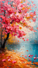 Painting of a tree with pink flowers in the autumn season.