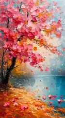 Papier Peint photo Lavable Orange Painting of a tree with pink flowers in the autumn season.