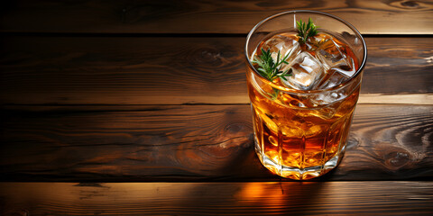 Whiskey on the rocks in glass on wooden table