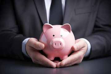 A businessperson in a dark suit carefully holds a pink piggy bank, symbolizing financial security and savings management