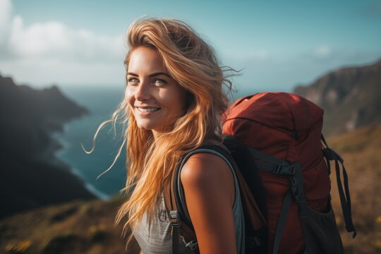 4K Young beautiful woman with backpack solo travel on tropical island mountain peak in summer sunny day. Cheerful female relax and enjoy outdoor lifestyle in summer beach holiday vacation trip girl