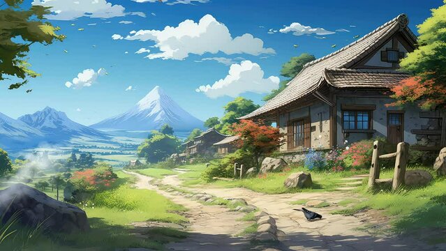 Animation traditional japanese house in spring with anime art style. seamless 4k video background. generated with ai