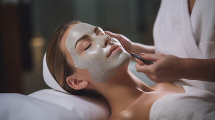 a woman gets a gelatin clay facial mask treatment - obrazy, fototapety, plakaty