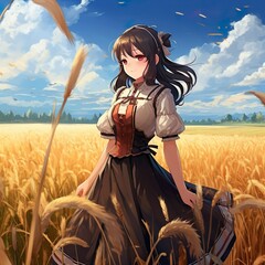 cute anime girl standing in field