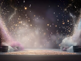 Empty background scene with falling confetti. Empty stage with light and particles. Award ceremony with glitter. Smoke, fog. Stage for product presentation or winner victory celebration
